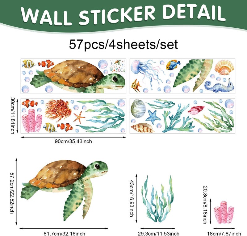 Kasubeso Large Summer Ocean Window Clings Decals, Watercolor Sea Turtle Jellyfish Bubbles Wall Stickers, Peel and Stick Ocean Anmial Wall Decor for Bedroom Bathroom Window School Nursery Decoration - Image 2